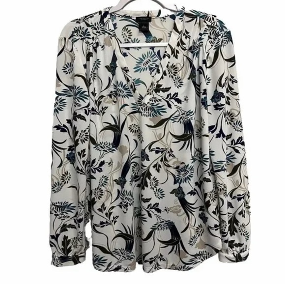 Ann Taylor Blue and White Floral Long Sleeve Blouse, Sz M - Picture 2 of 11